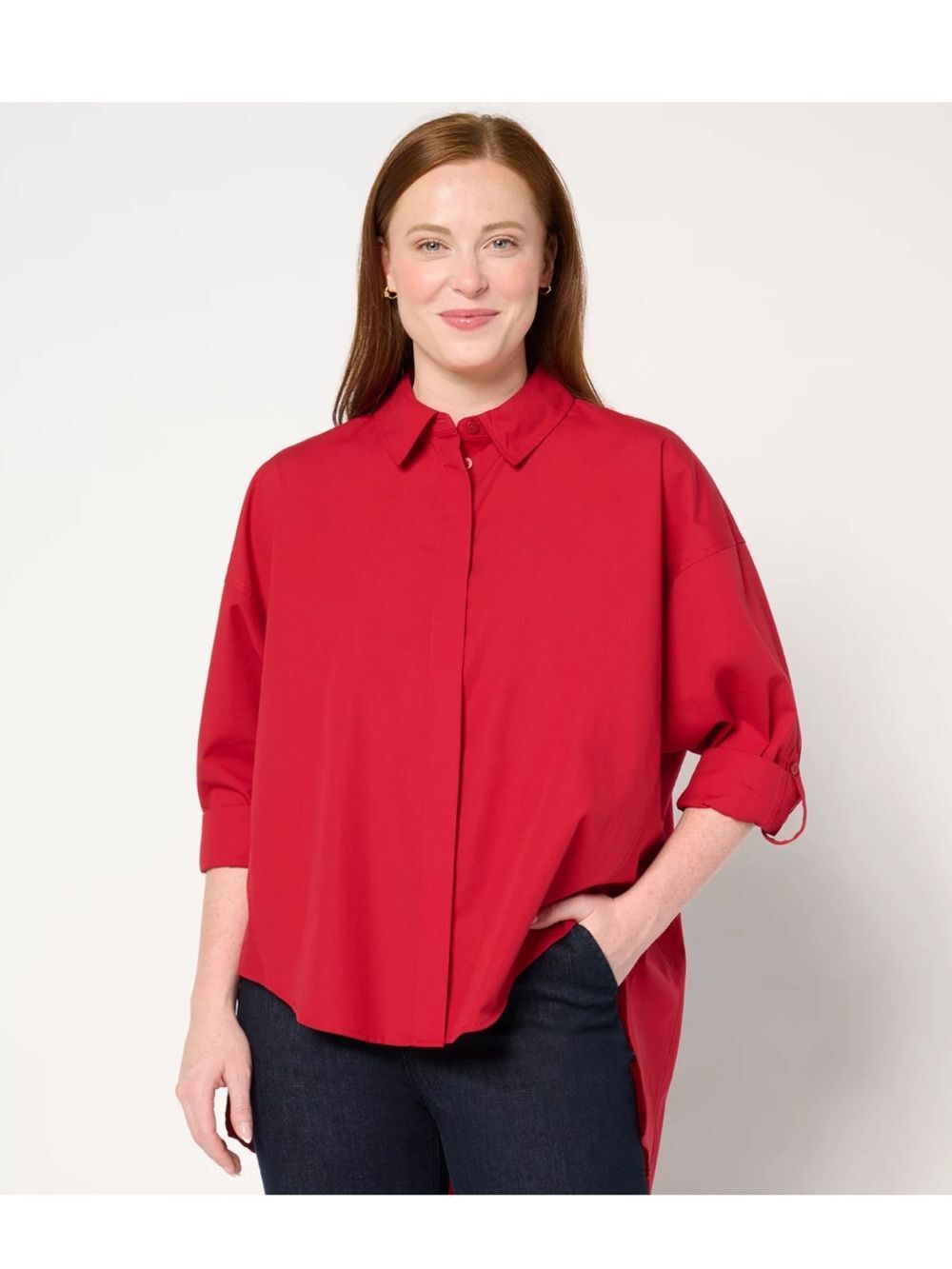 Carla Rockmore Collection Red Hi-Low Shirttail Roll Tab Collared Shirt Sz Medium